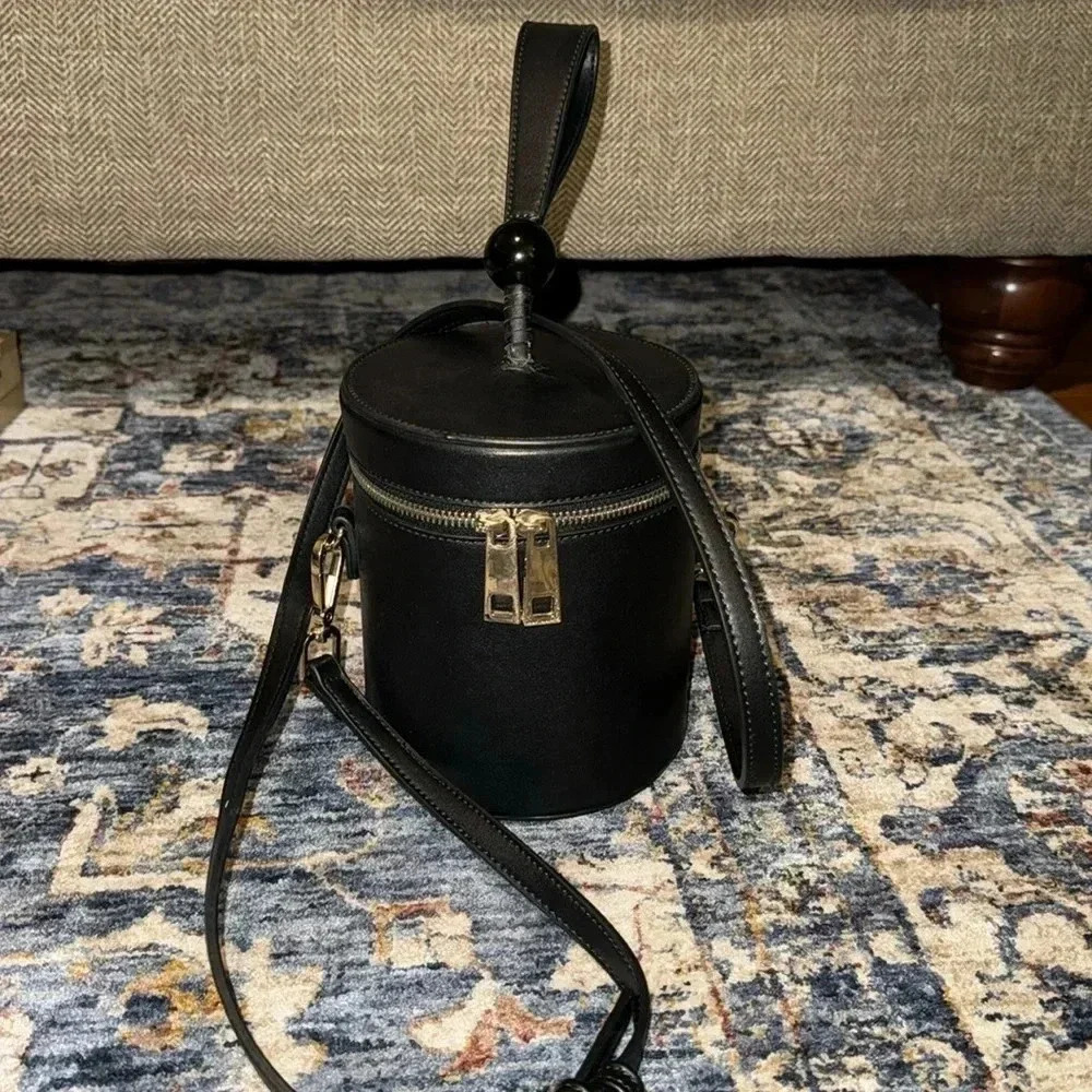 Street Level Cylinder Zippered Top Handle Shoulder Bag Black Leather Purse